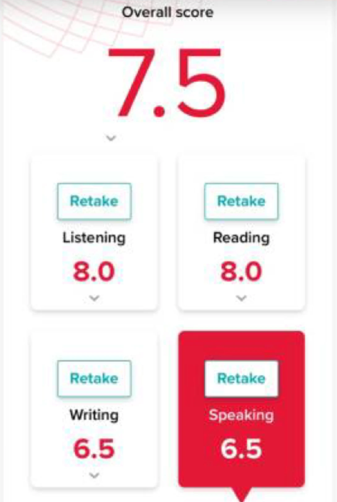 IELTS Overall 7.5 · Listening 8.0 · Reading 8.0 · Writing 6.5 · Speaking 6.5